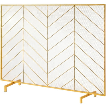SKYSHALO 38.6"x29.8" Fireplace Screen 1-Panel Iron Mesh Spark Guard Modern Gold