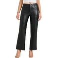 thumbnail image 1 of Pantalones de cuero rectos negros para mujer con cintura alta y bolsillos, 1 of 6