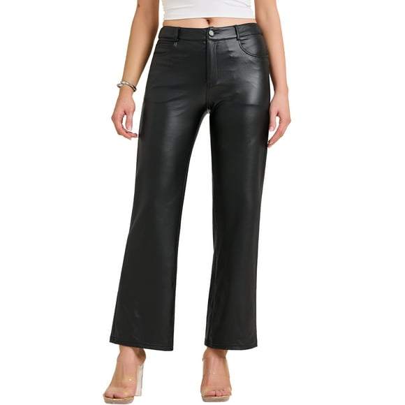 Pantalones de cuero rectos negros para mujer con cintura alta y bolsillos