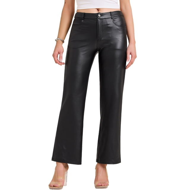 Pantalones de cuero rectos negros para mujer con cintura alta y bolsillos