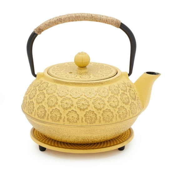 3 Piece Set Yellow Japanese Cast Iron Teapot, Loose Leaf Tetsubin with Handle, Stainless Steel Infuser, and Trivet (27 oz, 800 ml)