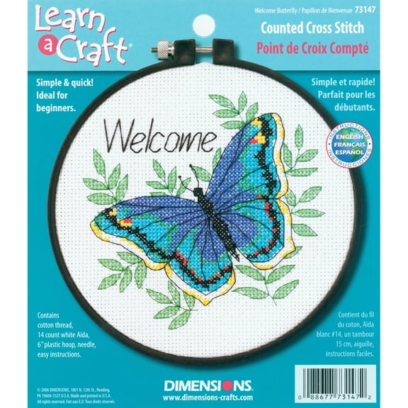 Dimensions Learn-A-Craft Counted Cross Stitch Kit 6" Round-Welcome Butterfly (14 Count)