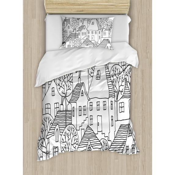 Sketchy Duvet Cover Set Twin Size, Cartoon Design House Village with Stripes Hand Drawn Images Artwork Print, Decorative 2 Piece Bedding Set with 1 Pillow Sham, Black and White, by Ambesonne