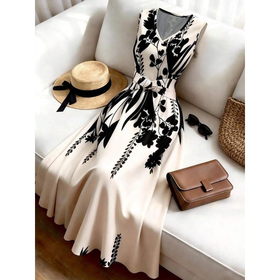 Women's Sleeveless V-Neck Waist-Twist Floral Midi Dress, Black & White Print, Flared Summer Dress