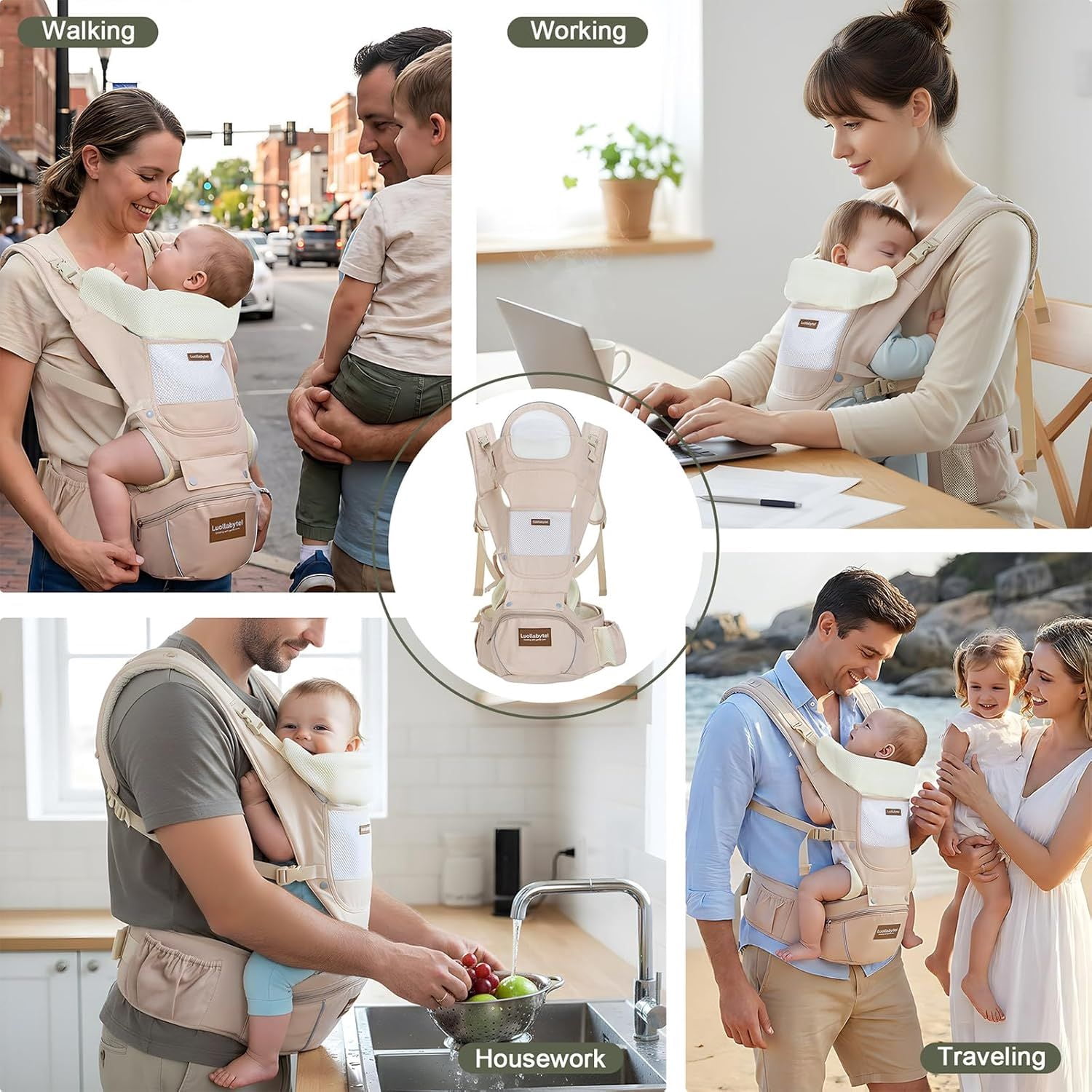 Baby Carrier with Hip Seat, 6-in-1 Baby Carrier Newborn to Toddler, Forward-Facing Carry for Active Babies, Adjustable Detachable Infant Carrier, Hands-Free Baby Holder
