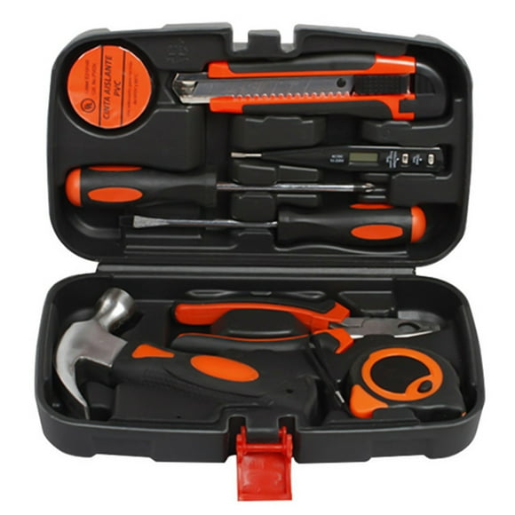 COFEST 9-Piece Universal Household Hand Tool Kit with Plastic Box - Durable, Portable, and Great for Home Repair and DIY Projects Orange