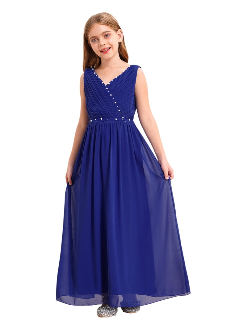 Vxuxlje Girls A-Line Maxi Dress Junior Bridesmaid Beaded Flower Girl  Chiffon Long Dresses Wedding Royal Blue 14 - Walmart.com