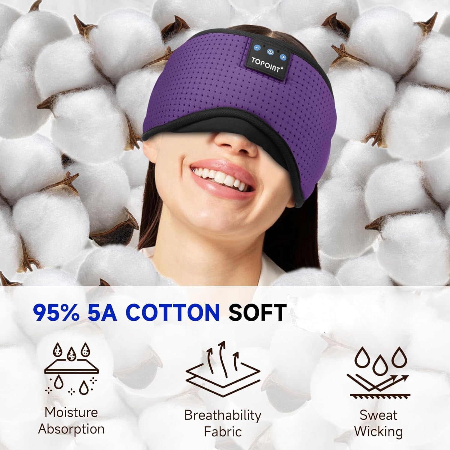 Sleep Mask, Bluetooth Eye Mask Bluetooth, TOPOINT Breathable Cotton Sleep Headphones for Sleeping Side Sleepers Travel Meditation Music Headsets with Microphone Handsfree Men Women, Purple