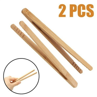 Geege 2Pcs 7.2inch Bamboo Wood Wooden Food Toast Salad Tongs Toaster Bacon Sugar Ice Tea Tong