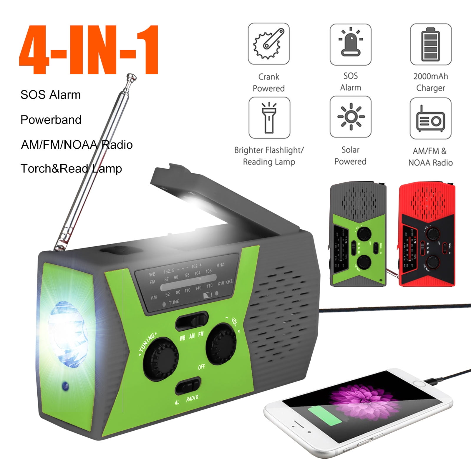 Emergency Weather Radio AM/FM/NOAA Solar Crank Radio with Bright Flashlight SOS Alarm and 2000mAh Power Bank for Emergency and Outdoor Activies 