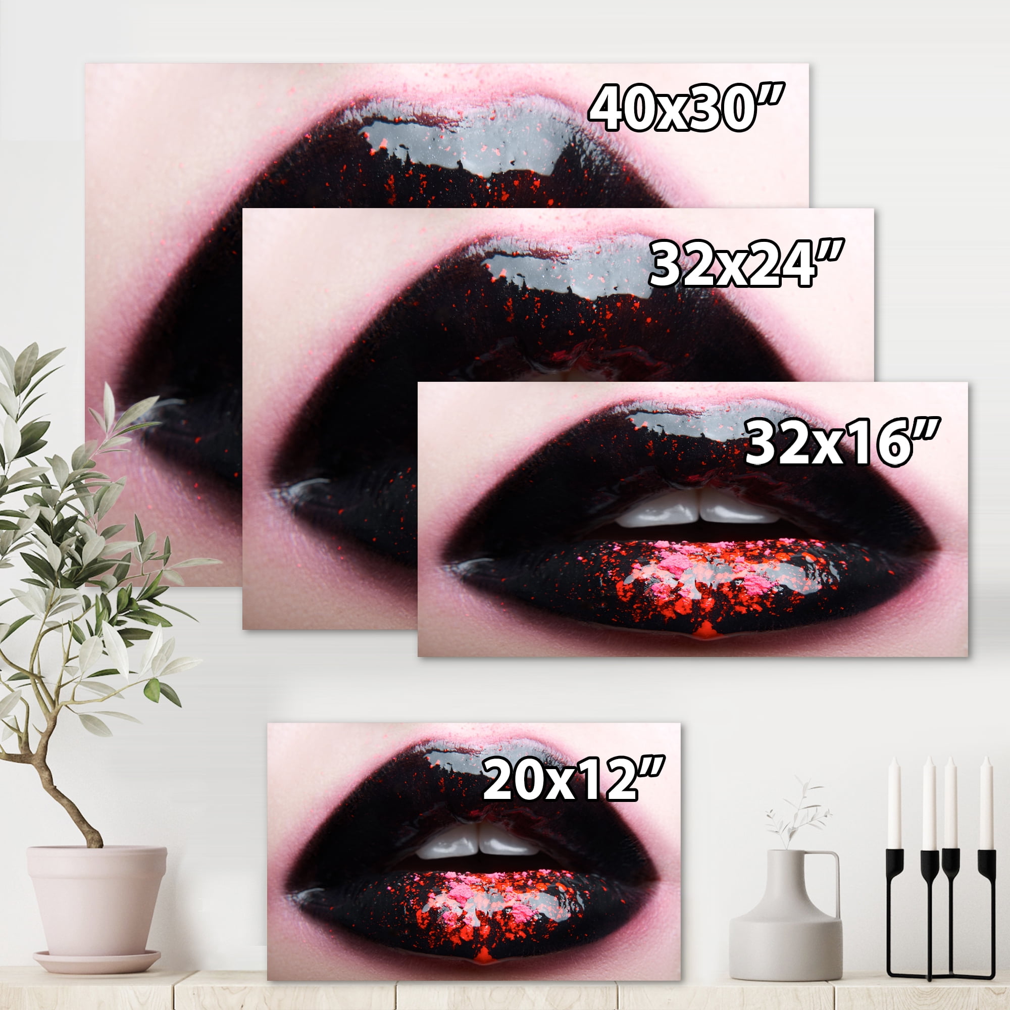 Designart ' Plump Woman Lips With Pink and Black ' Modern Canvas Wall Art Print