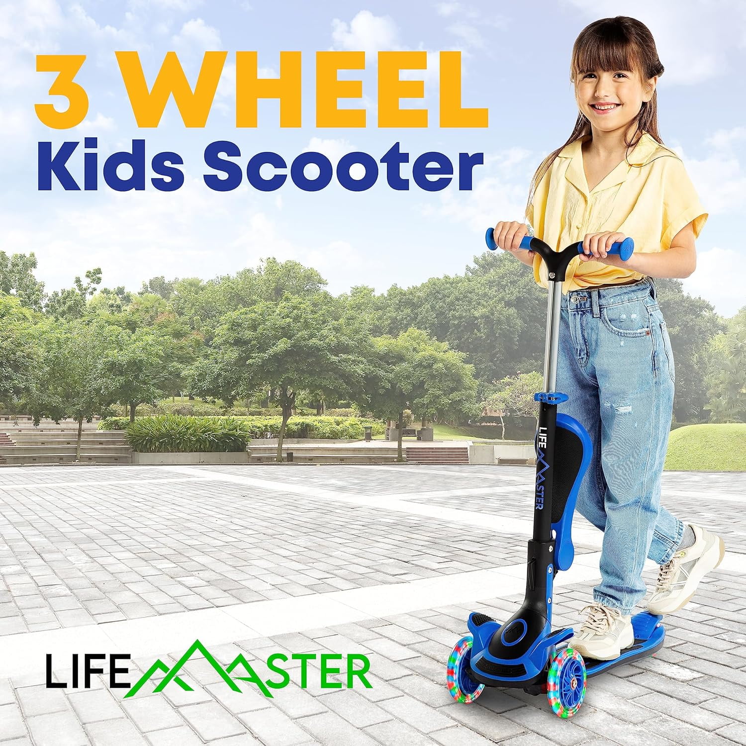 Kids Scooter – Foldable Seat – LED Wheel Lights Illuminate When Rolling – Children and Toddler 3 Wheel Kick Scooter – Adjustable Handlebar – Indoor and Outdoor- Blue - by Lifemaster