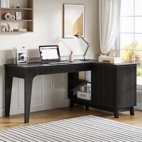 Tribesigns 57-Inch Wood L-Shaped Corner Computer Desk, Study Writing Table with Storage Shelves, Workstation with Cabinet for Home Office, Black