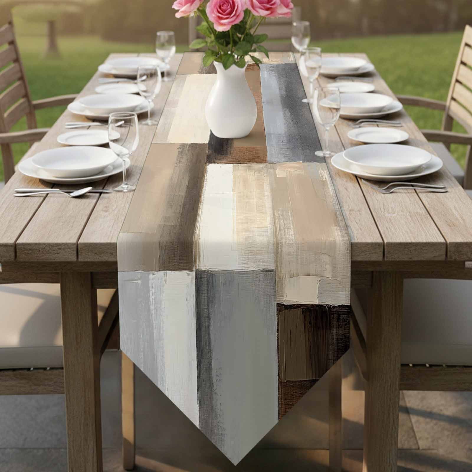 Abstract Brown Beige Table Runner Linen Burlap Table Runner 90 Inches Long Simple Oil Painting Art Dresser Scarves for Kitchen Island Coffee Dining Room Party Wedding Banquet Holiday Decor 13"x90"