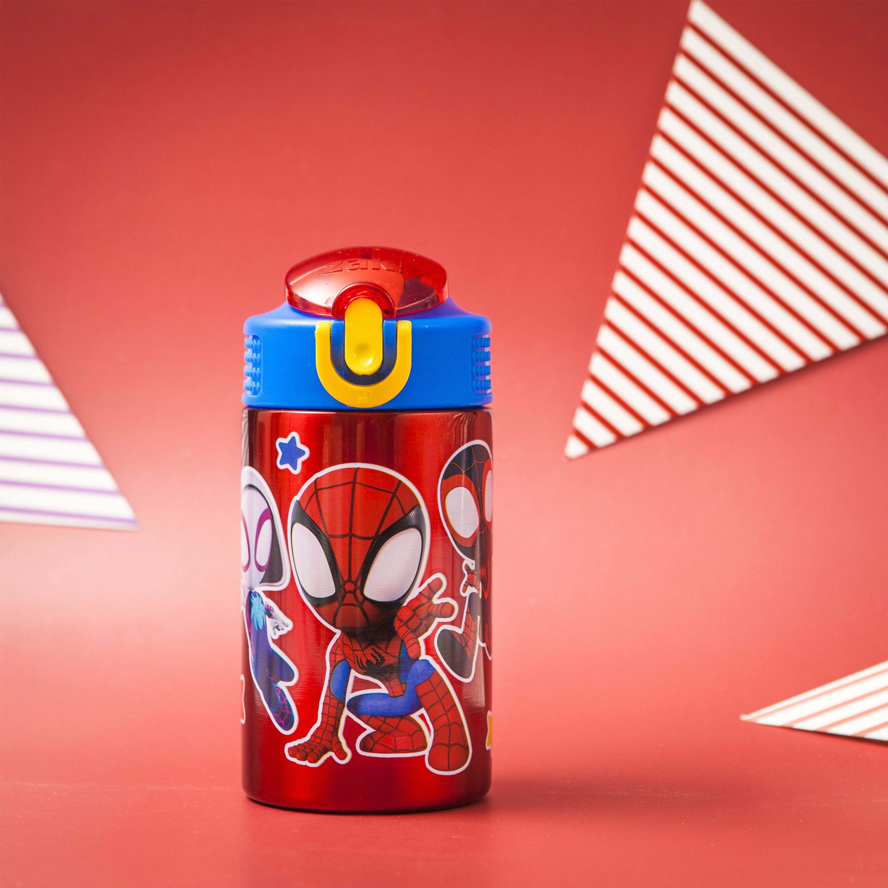 Zak Designs 15.5 oz Kids Water Bottle Stainless Steel with Push-Button Spout and Locking Cover, Marvel Spider-Man