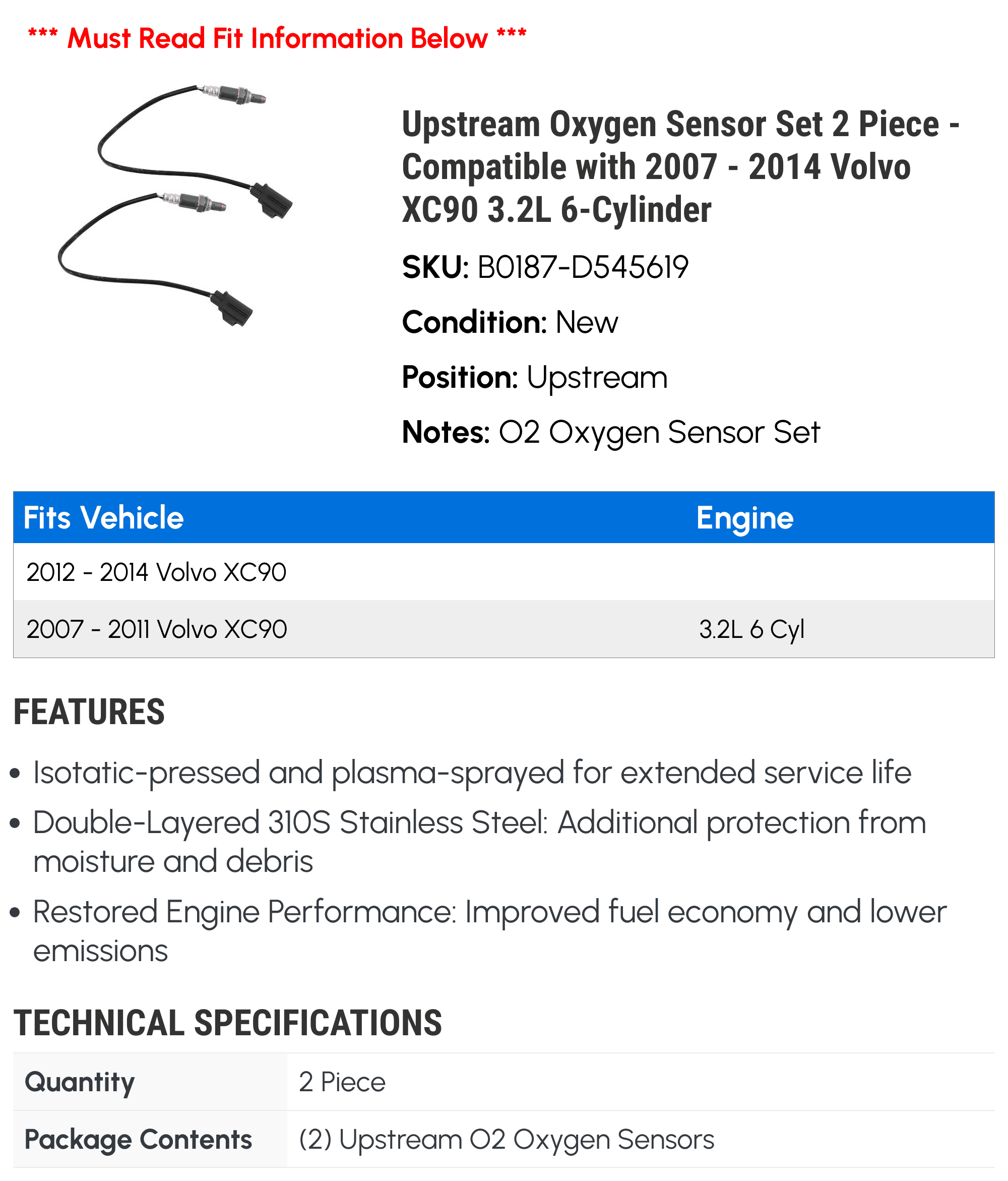 Upstream Oxygen Sensor Set 2 Piece - Compatible with 2007 - 2014 Volvo XC90 3.2L 6-Cylinder 2008 2009 2010 2011 2012 2013