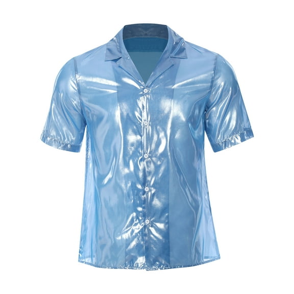 iiniim Mens Short Sleeve Shiny Button up Blouse T Shirt for Party and Clubbing Light Blue XL