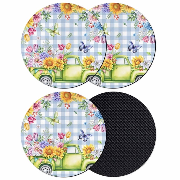 Spring Floral Truck Coasters Set of 4, Absorbent Coasters for Drinks, Watercolor Flowers Butterflies Blue Plaid Coaster for Desk Coffee Table Protection, Home Decor House Warming Gifts 4"