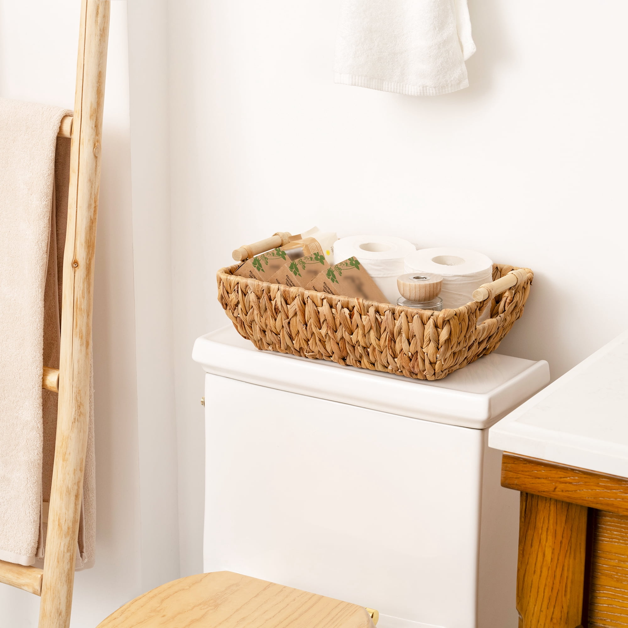 StorageWorks Water Hyacinth Baskets, Wicker Woven Baskets with Handles, Large, 2-Pack, 15" x 10.6" x 5.3"
