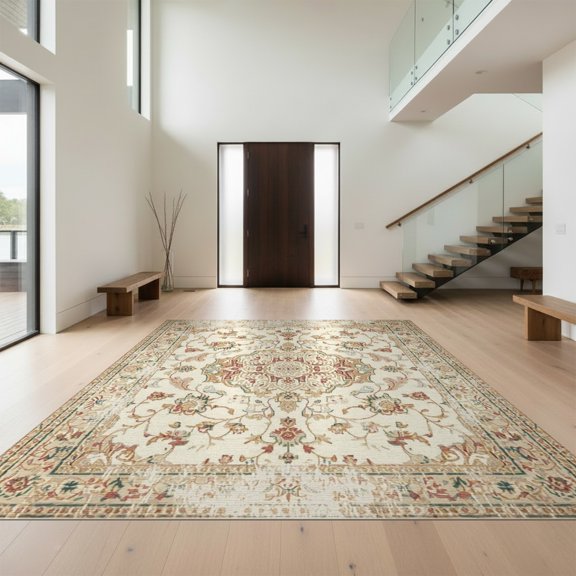 Design&I 8'x10' Washable Area Rug Beige Yellow Vintage Distressed Border Traditional Scrolling for King Size Bedroom, Under Bed, Sleek Flatweave Pet Friendly