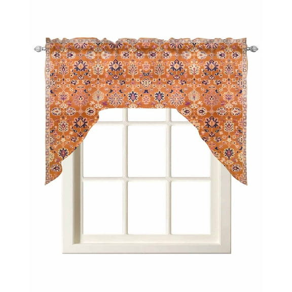Boho Orange Kitchen Curtains Swag Valance for Windows/Bathroom/Cafe, Country Style Bohemian Floral Retro Tribal Rod Pocket Drape Panel Swag Curtain Valance for Bedroom/Living Room 55''x36''