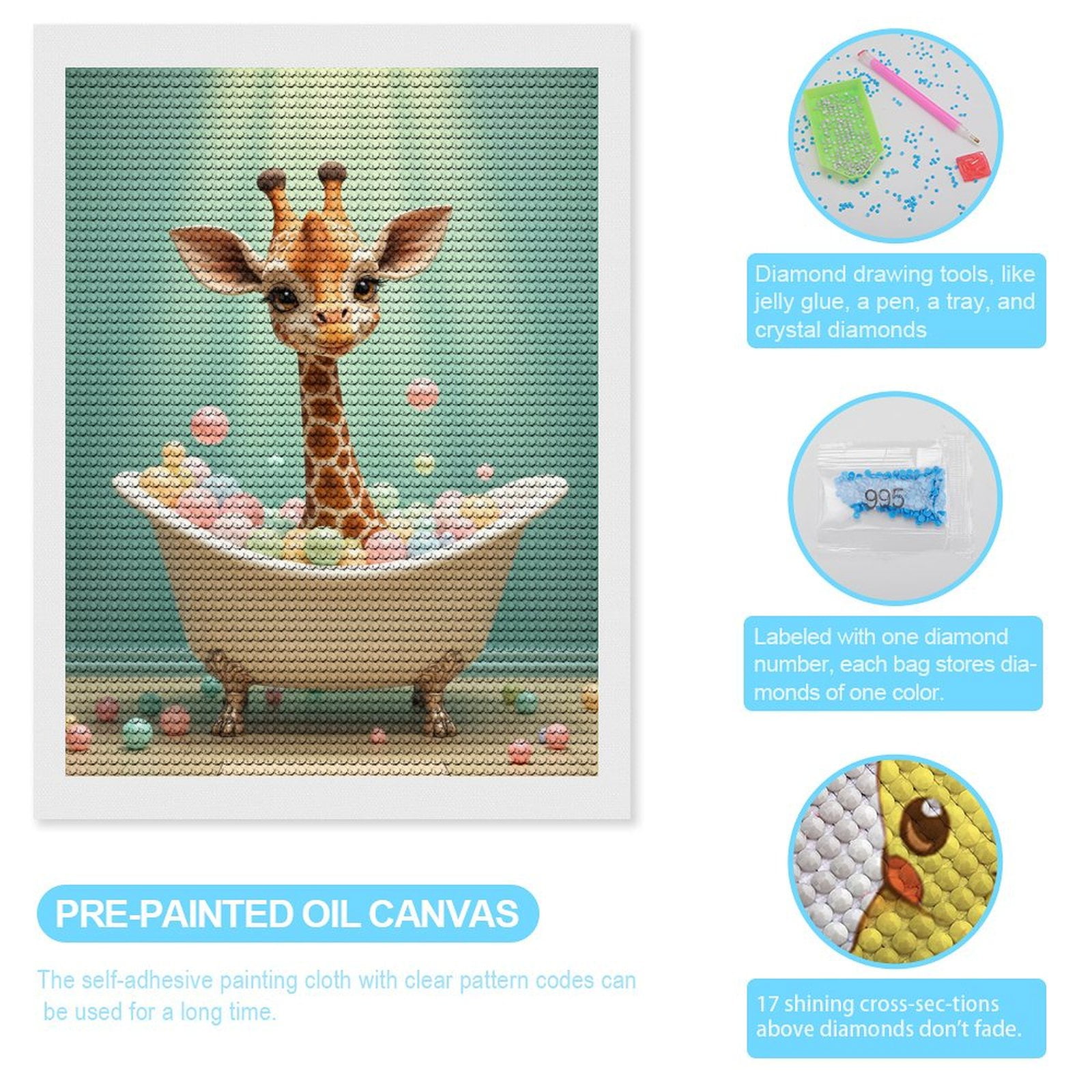 Diamond Art Kits for Adults, Adorable Giraffe Bath Time Fun 5D Diamond Painting Kits for Adults Beginners, DIY Full Drill Diamond Painting, Gem Art and Crafts 12x16