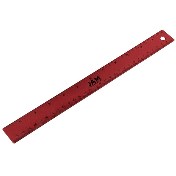 JAM Paper Stainless Steel Ruler, 12 in, Cork Backing, Red Metallic, 12 per Pack