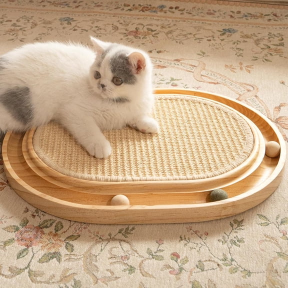 Sisal Cat Scratcher Toy with Ball Track, Wooden Interactive Cat Toy for Indoor