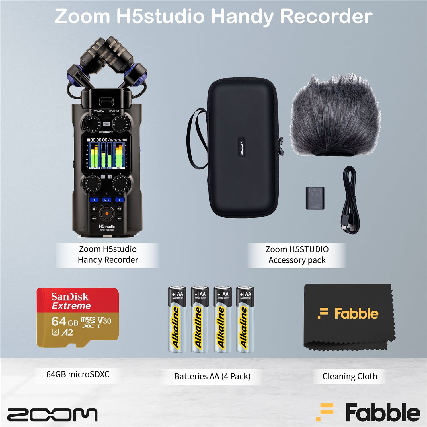 Zoom H5studio Handy Recorder Bundle with Official Accessory Pack, 32-Bit Float Recording, Detachable XY Microphone, 64GB microSDHC Card, Batteries, and Cleaning Cloth