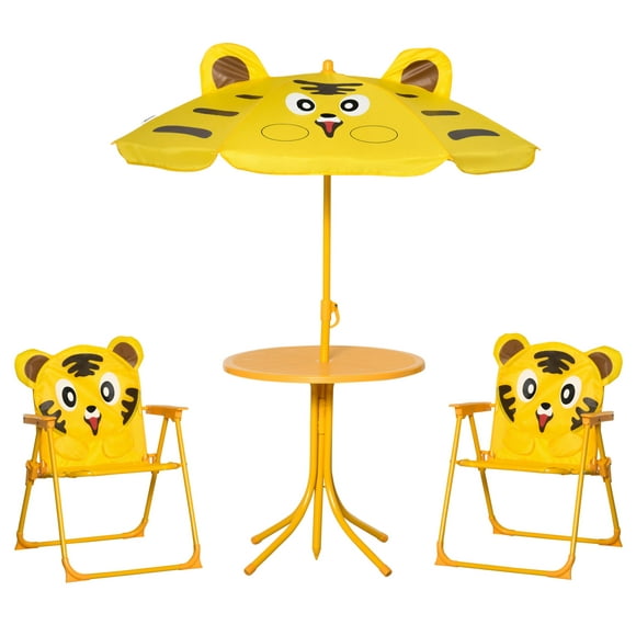 Outsunny Kids Folding Picnic Table and Chair Set Pattern Outdoor Garden Patio Backyard with Removable & Height Adjustable Sun Umbrella Yellow
