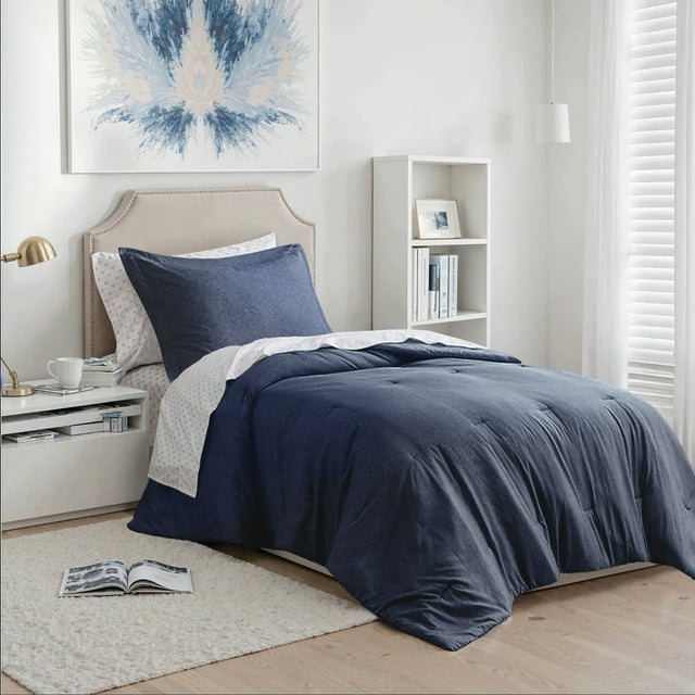 Regency Heights Ensemble de Literie 5 Pcs pour Lit Simple/Simple TG, Couette Réversible avec Ensemble de Draps et Taies, Bleu Marine, Couleur Unie