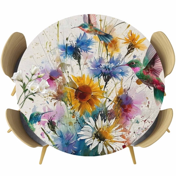 Round Table Cover 55-60 Inch Hummingbird Waterproof Reusable Table Cloth Round Fitted Vinyl Tablecloth with Elastic Edged for Parties Outdoors, Spring Vintage Oil Painting Sunflowers Beige
