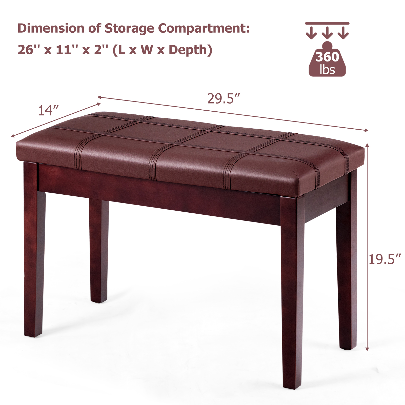 Infans Solid Wood PU Leather Piano Bench Padded Double Duet Keyboard Seat Storage Brown