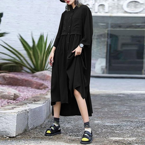 Womens Solid Color Button Cardigan High Waist Casual Long Dress Loose Long Sleeve Shirt Lounge Maxi Dress
