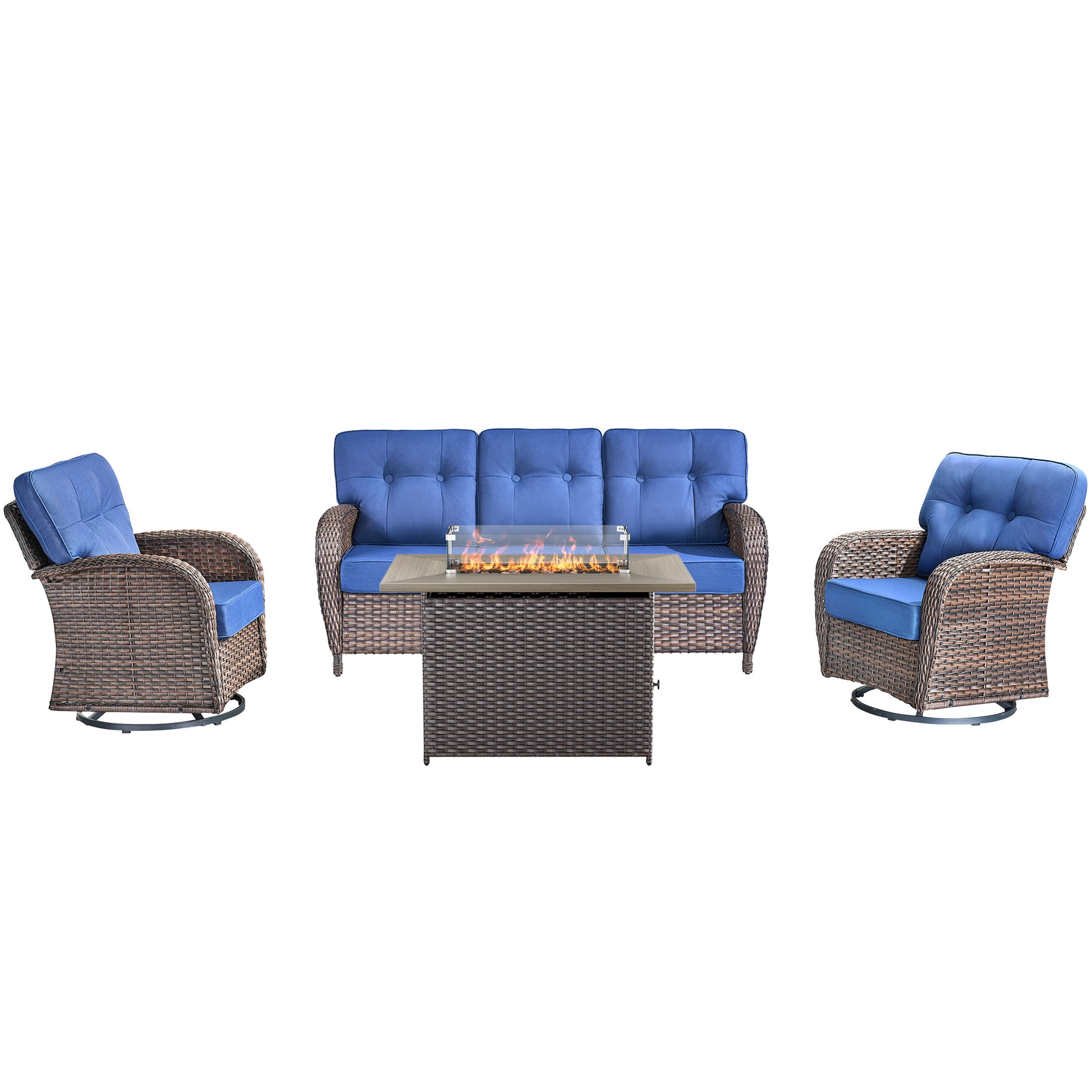 Unnifurnzi 4 Pieces Patio Furniture Set with Fire Pit Table-All Weather Wicker Patio Conversation Sets with Swivel Patio Chairs Outdoor Couch for Deck Porch Garden Balcony Poolside-Brown/Blue