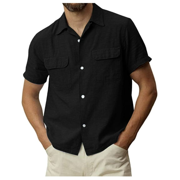 TAIAOJING Mens Shirts Solid Pocket Single Cotton Linen Short Sleeve Blouse Black L