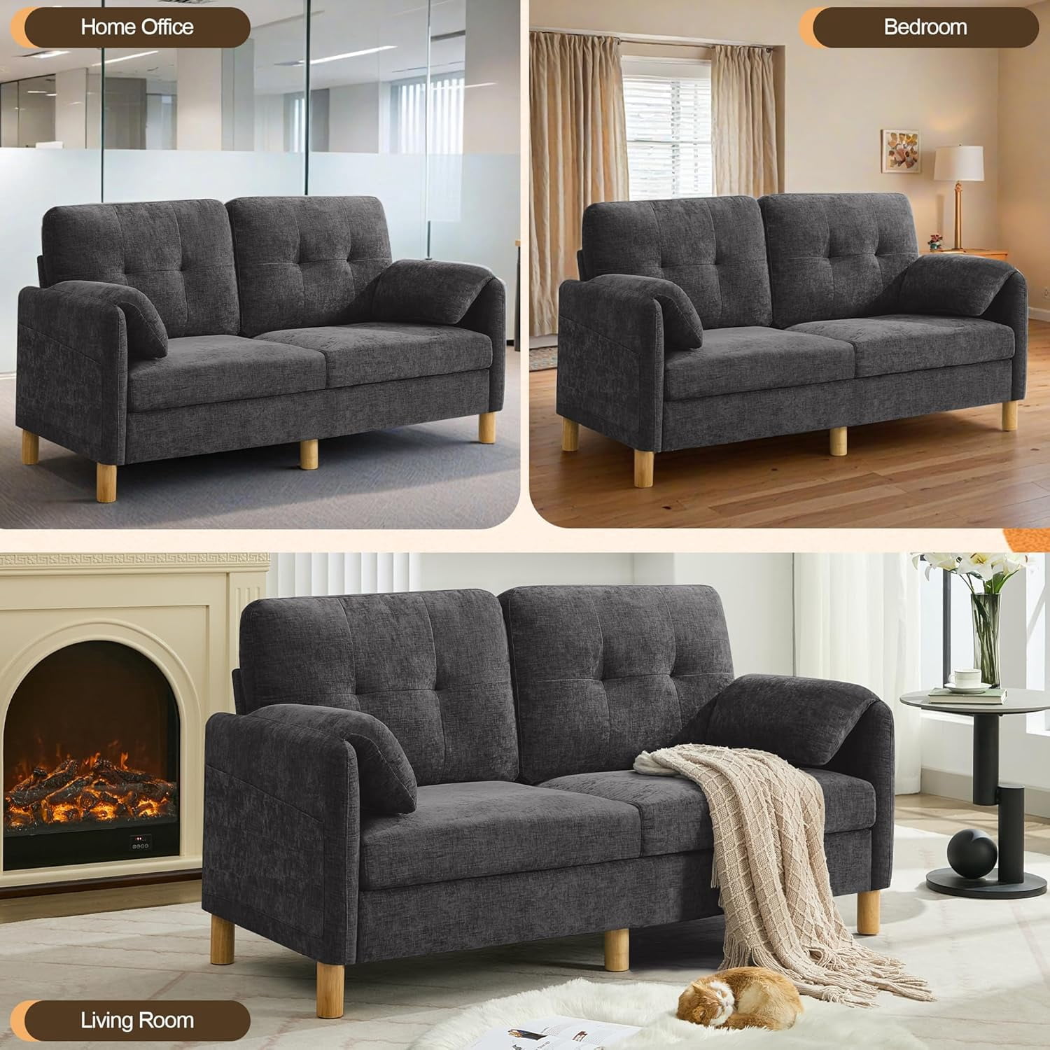 65" Chenille Loveseat Sofa, Modern 2-Seater Love Seat Couch with Armrest Pillows,Upholstered Tufted Loveseat Couches for Living Room Bedroom, Dark Grey