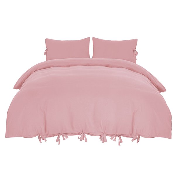 Unique Bargains 3Pcs Bow Tie Duvet Cover Bedding Set Pink Twin