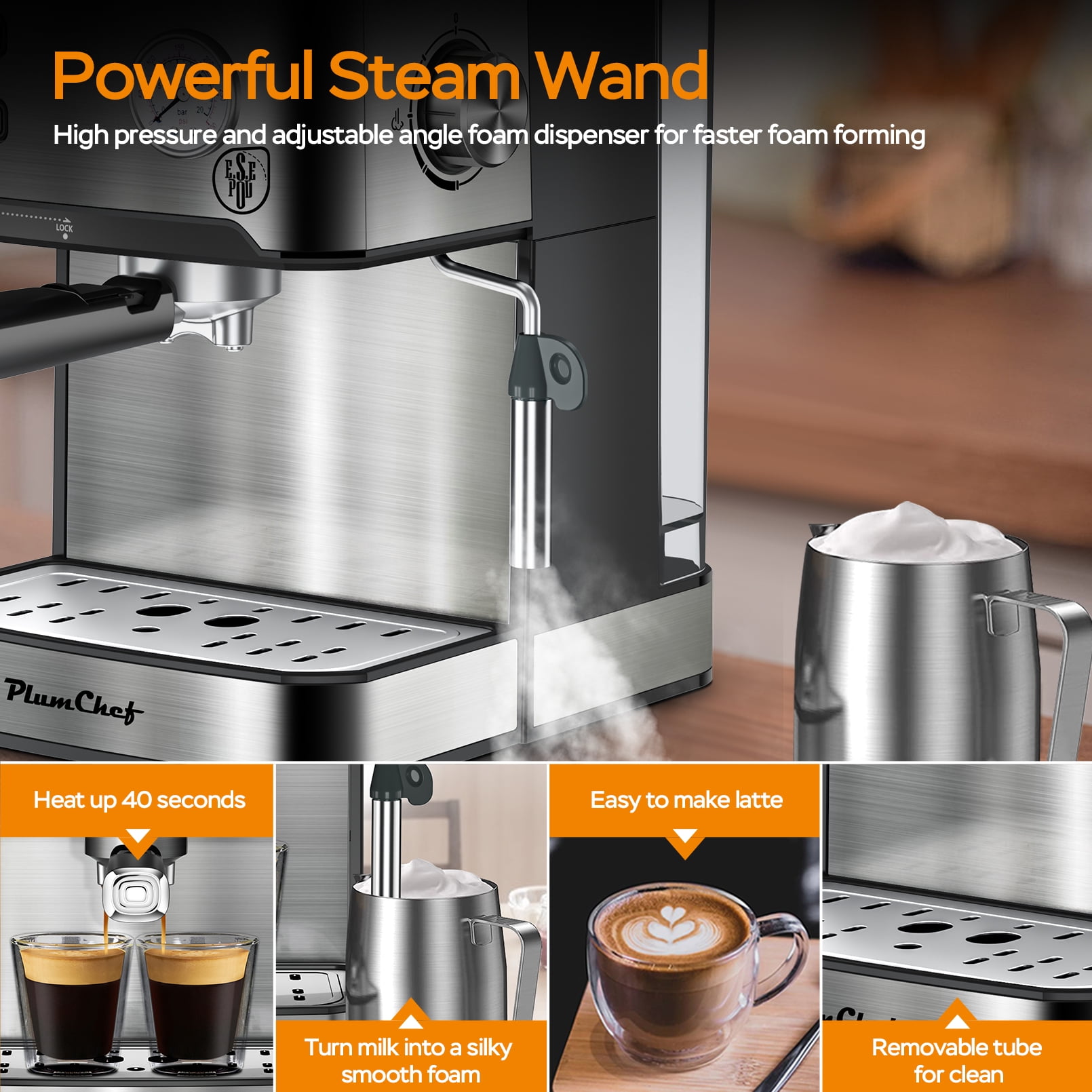 Plum Chef 20 Bar Espresso Machine with Built-in Pressure Gauge, Professional Coffee Maker for Cappuccino & Latte, ESE POD Compatible, 1.5L Water Tank, Stainless Steel, 950W