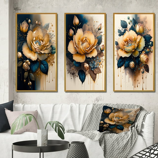 Designart "Roses en Teintes Jaunes et Bleues I" Art Mural Encadré Floral et Botanique Ensemble de 3 - Cadre de Roses Jaunes Ensemble Mural pour Décoration Intérieure