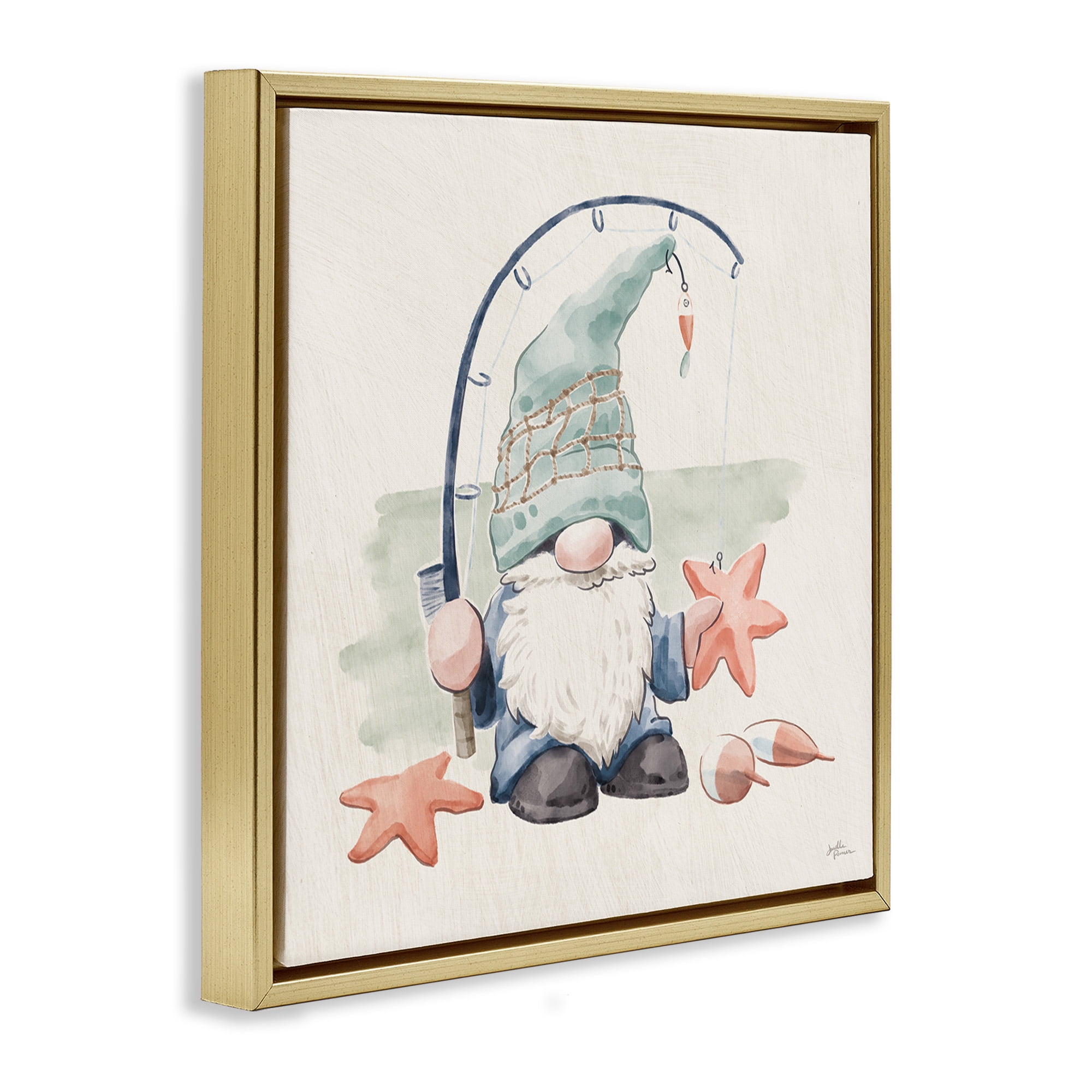 Stupell Industries Summer Beach Fishing Gnome Nature Painting Gold Floater Framed Canvas Art Print Wall Art, 18 x 18