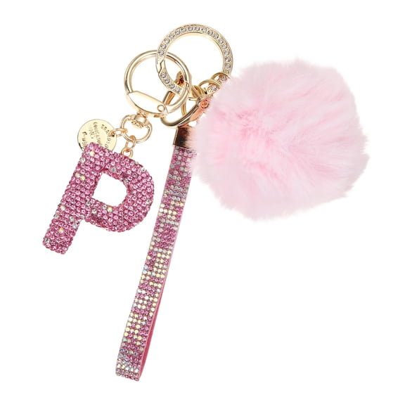 Uxcell Initial Letter Keychain, Alphabet P Bling Rhinestone Keyring Key Chains Charms with Pom and Rhinestone Wristlet for Women Girls Car Key Purse Backpack Handbag Charm, Pink