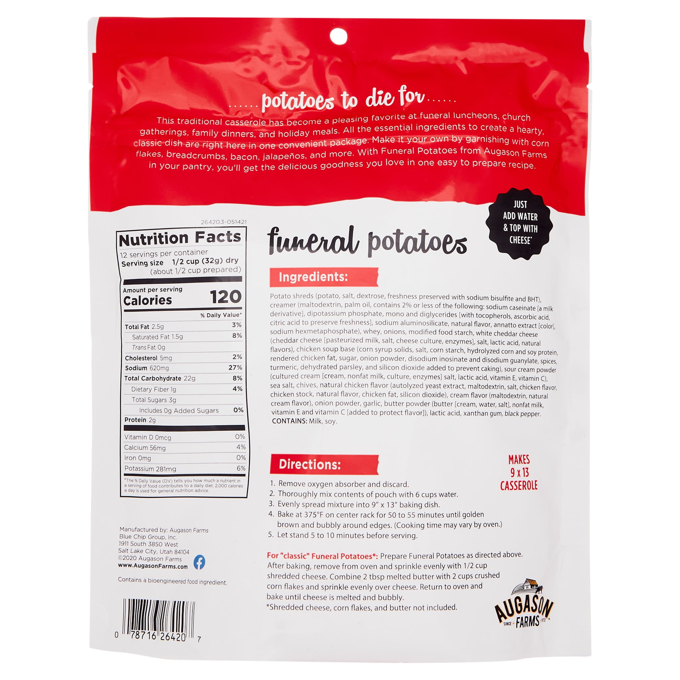 (2 pack) Funeral Potatoes Pouch Family Size Cheesy Potato Casserole, 12 Servings, Easy to Bake - Made with 100% Real Potatoes, Bakes One 9” x 13” Casserole in About 50 Minutes