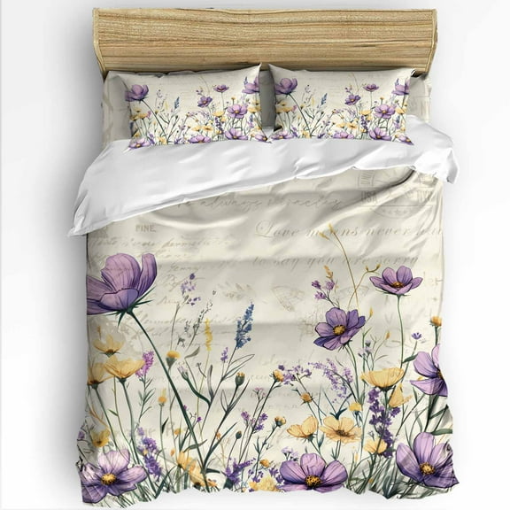 Spring Floral Queen Size Comforter Set, Purple Yellow Flower Leaves Retro Letter Soft Bedding for All Seasons, 4 Pcs Bed Set with 1Comforter (90"x92") ,1 Sheet(94"x116"), 2 Pillowcases (19"x29")