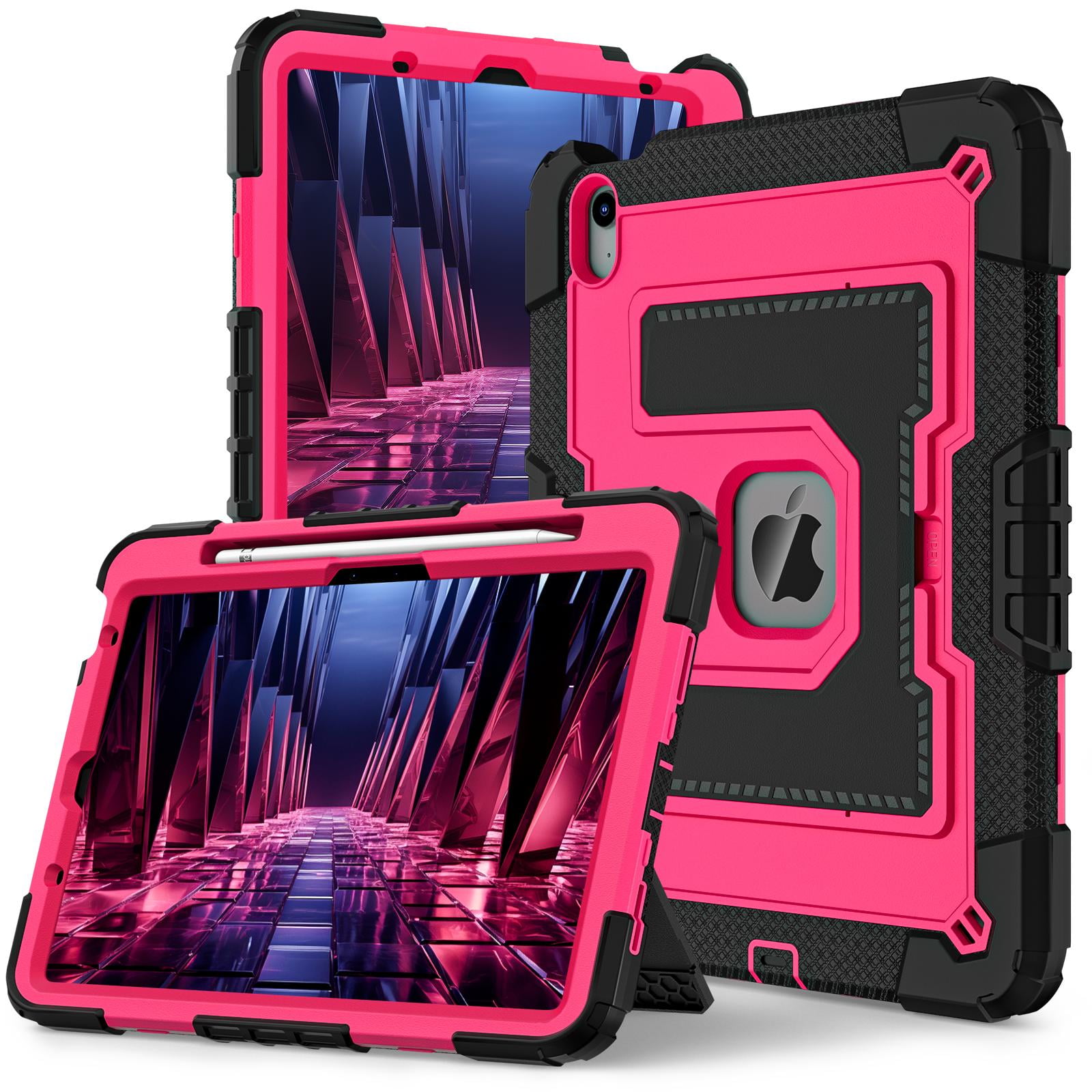 ELEHOLD 3-Layer Rugged Case For Apple iPad Air 11 (2025 / 2024) Heavy Duty Shockproof Cover, [Drop Protection], [Logo Visible], With Kickstand & Pencil Holder & Shoulder Strap, Black+Rose