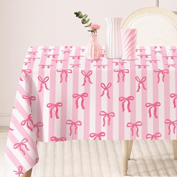 Pink Bow Tablecloth Striped Coquette Bowknot Table Cloth 60 x 102 Inch Table Cover for Wedding Birthday Holiday Party Picnic Home Kitchen Dining Decor