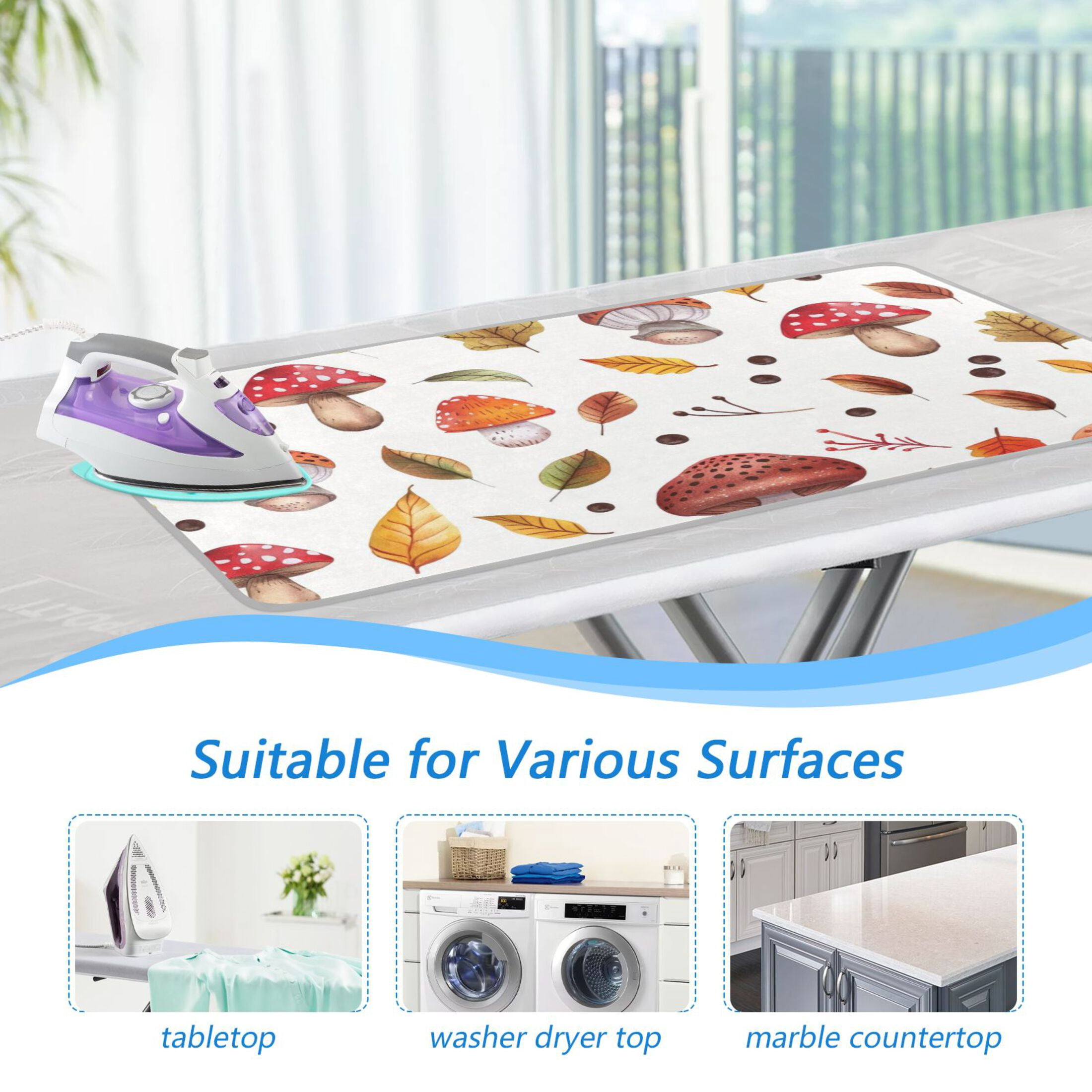 Mushrooms and Colorful Leaves Ironing Mat Blanket Portable Travel Ironing Pad Heat Resistant Pad 47.2" x 27.6”