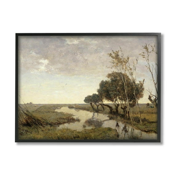 Classic Stream Animals Grazing Landscape Painting Black Framed Art Print Wall Art