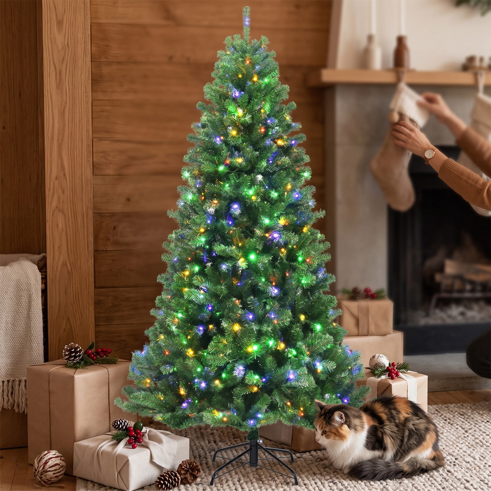 RUIE 6FT Pre-Lit Artificial Christmas Tree with 350 Remote-Controlled Color-Changing LED Lights, 845 Hinged Tips Full Holiday Xmas Tree with Metal Stand, Green