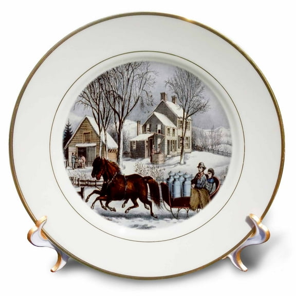 3dRose, Vintage Currier and Ives Horse Drawn Sleigh Winter , 8 inch Porcelain Plate